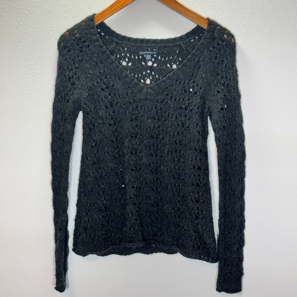 American Eagle Outfitters Sweater XS Gray Open Knit Wool Blend Long Sleeve Boho